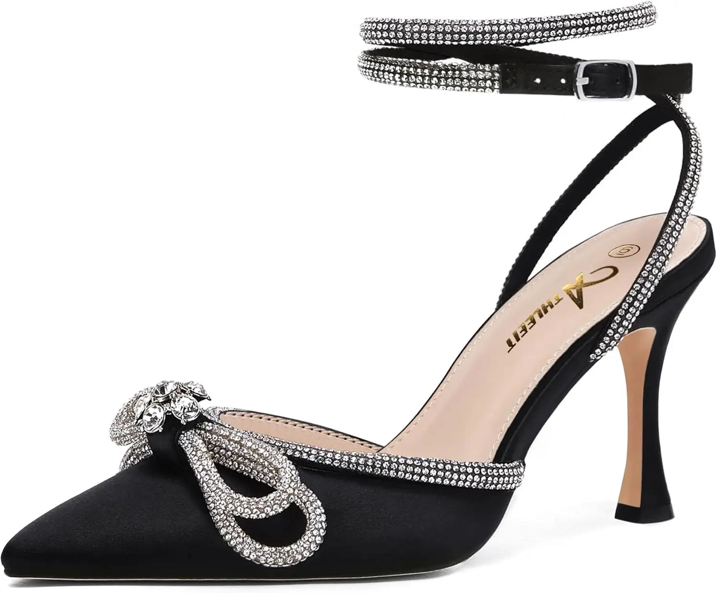 Women's Rhinestone Bow Heels Ankle Strap Pointed Toe Stiletto Heeled Sandals Wedding Bridal Dress Pumps Shoes