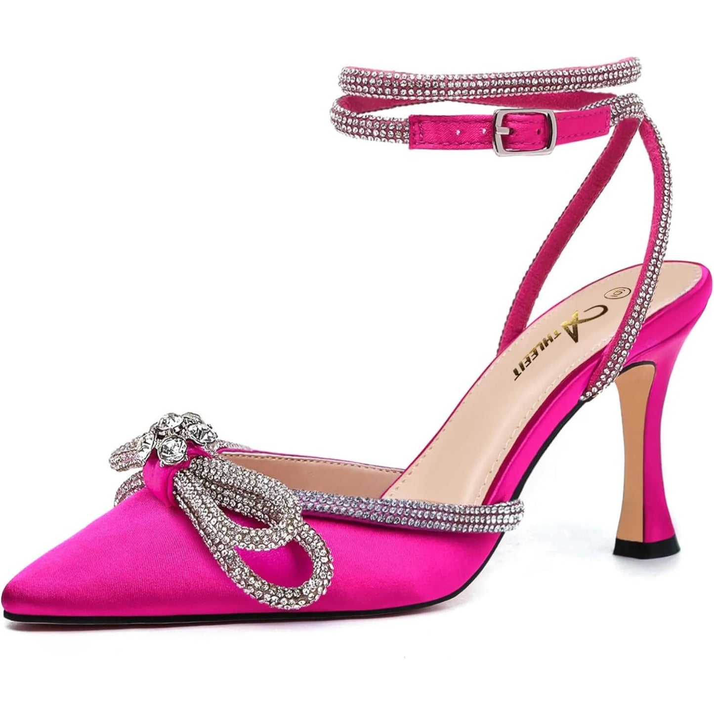 Women's Rhinestone Bow Heels Ankle Strap Pointed Toe Stiletto Heeled Sandals Wedding Bridal Dress Pumps Shoes